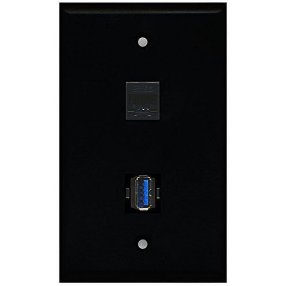 RiteAV - Black 1 Port Cat5e Ethernet Black 1 Port USB 3.0 Wall Plate