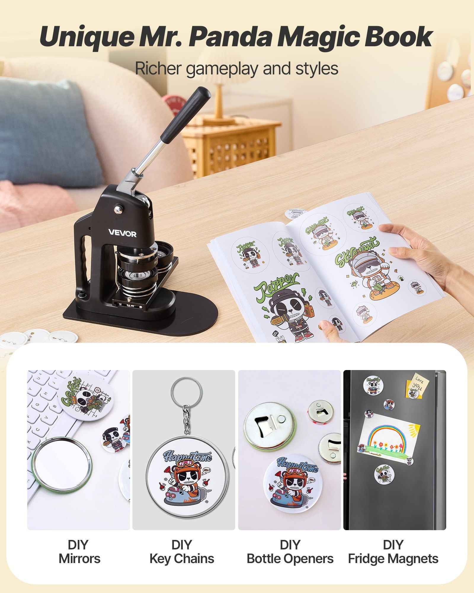 Button Maker Machine, 1.26/2.28/2.95 inch 3-in-1, Plastic Pin Maker with 300pcs Button Parts, Circle Cutter and Magic Book, Reinforced Ergonomic Handle, for DIY Badges, Personalized Pins, Black