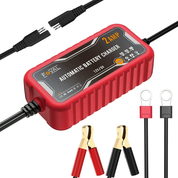 FOVAL 2-Amp Automatic Battery Charger, 6V and 12V Smart Car Battery Charger Maintainer, Trickle Charger and Battery Desulfator for Motorcycle, ATV, Boat, Lawn Mower Lead Acid Batteries