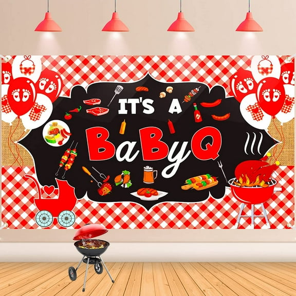 5.9x3.6FT Baby Q Baby Shower Backdrop Rustic It's A Baby Q Photography Background for Boys Girls BBQ Picnic Baby Shower Gender Reveal Birthday Party Decorations Banner Supplies Photo Booth Props