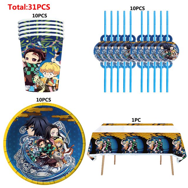 Demon Slayer Kamado Nezuko juego de decoración de fiesta temática, suministros, taza de papel, plato, cuchara de tejido, globo para Baby Shower, cumpleaños de niña