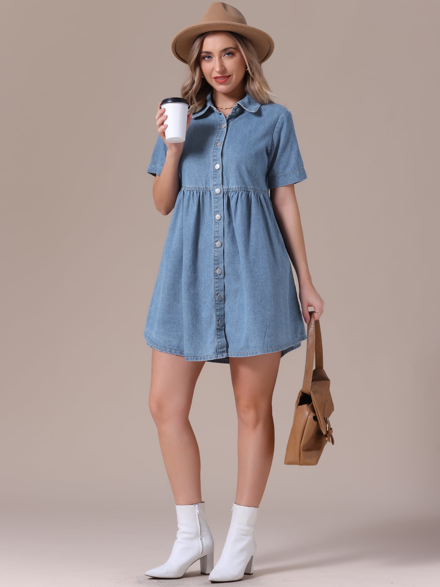 DARING DIVA Women's Denim Babydoll Collared Short Sleeve Button Down Dress XL Light Blue