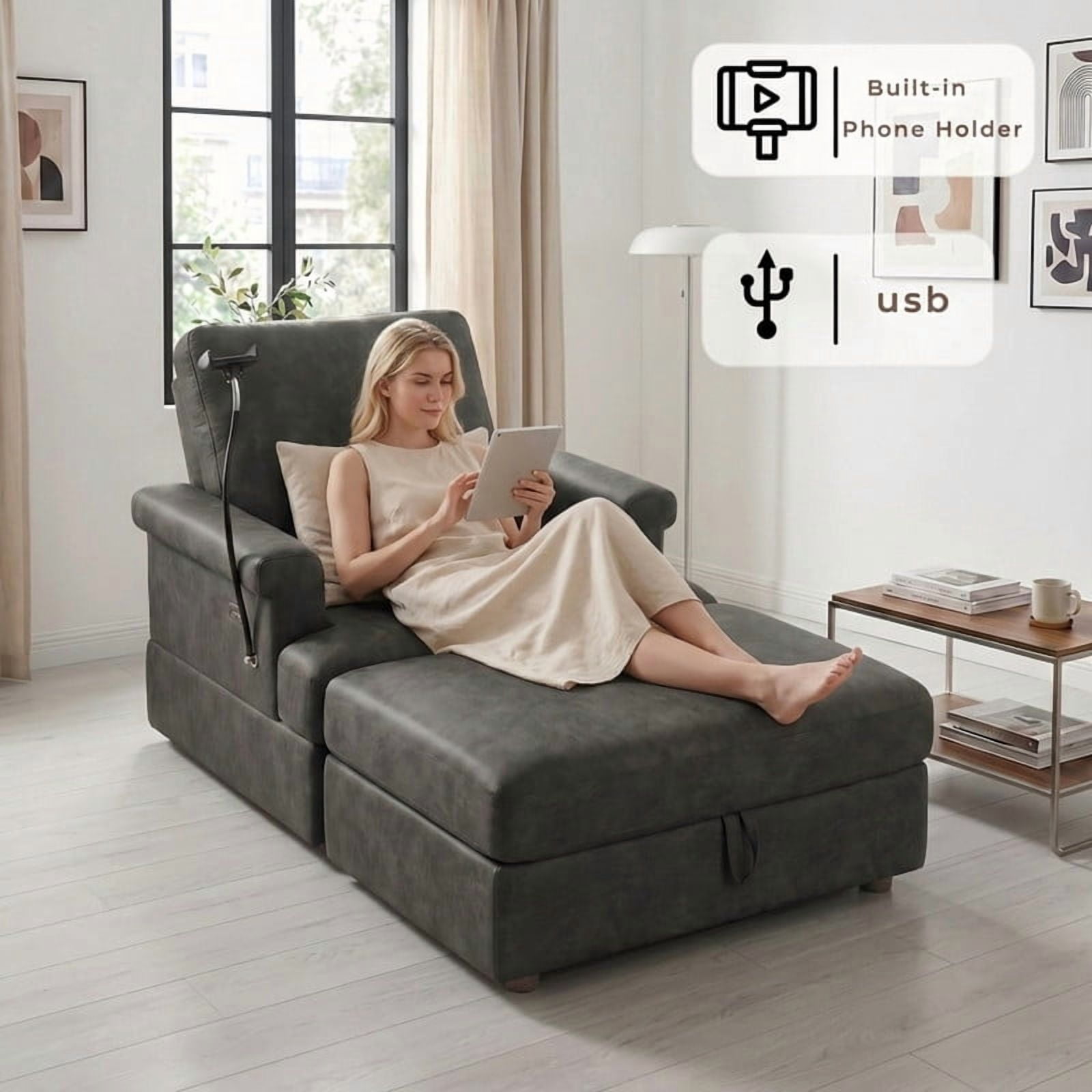 Gewnee 59" Chaise Lounge Chair Indoor, Oversized Chair with Ottoman, USB Ports&Phone Holder, Adjustable Indoor Lounge Chair for Living Room, Black