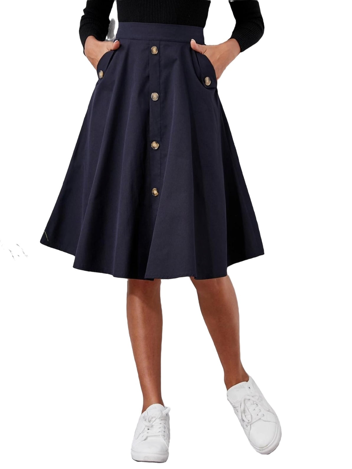 Womens Pocket Skirts Elegant High Waist Knee Length Navy Blue