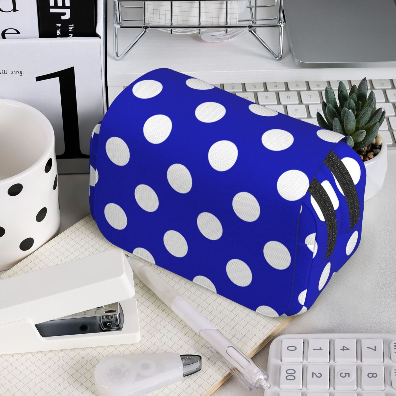 Rateoe Blue And White Polka Dot Pattern Double Clamshell Pen Case, Storage Organizer with Two Zipper Compartments– Holds Up to 50 Pencils & Pens