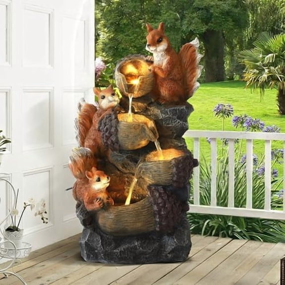 4-Tiers Water Fountains Outdoor, 24" H Resin Waterfalls Fountain with 4 LED Lights, Outdoor Garden Waterfalls Fountain with Squirrels & Pinecones for Indoor Decor , Balcony, Yard$$Garden &