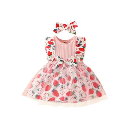 

MissiMae Toddler Girl Summer Outfits Sleeveless Strawberry Print Tulle Dress + Headband Set