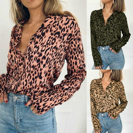 lisenraIn women Long Sleeve V-neck Leopard Print Loose Tops OL Ladies Casual Button Blouse