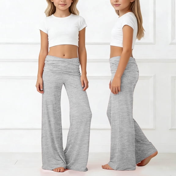 Girls Foldable Waist Pleated Yoga Pants Pure Color Wide Leg Loose Casual Trousers For Everyday Comfort Tween Kids Summer Soft Comfy Cute Basic Pants