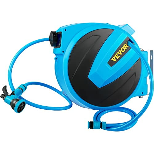 ‎VEVOR Retractable Hose Reel, 1/2 inch x 75 ft, Any Length Lock & Automatic Rewind Water Hose, Wall Mounted Garden Hose Reel w/ 180° Swivel Bracket and 7 Pattern Hose Nozzle, Blue