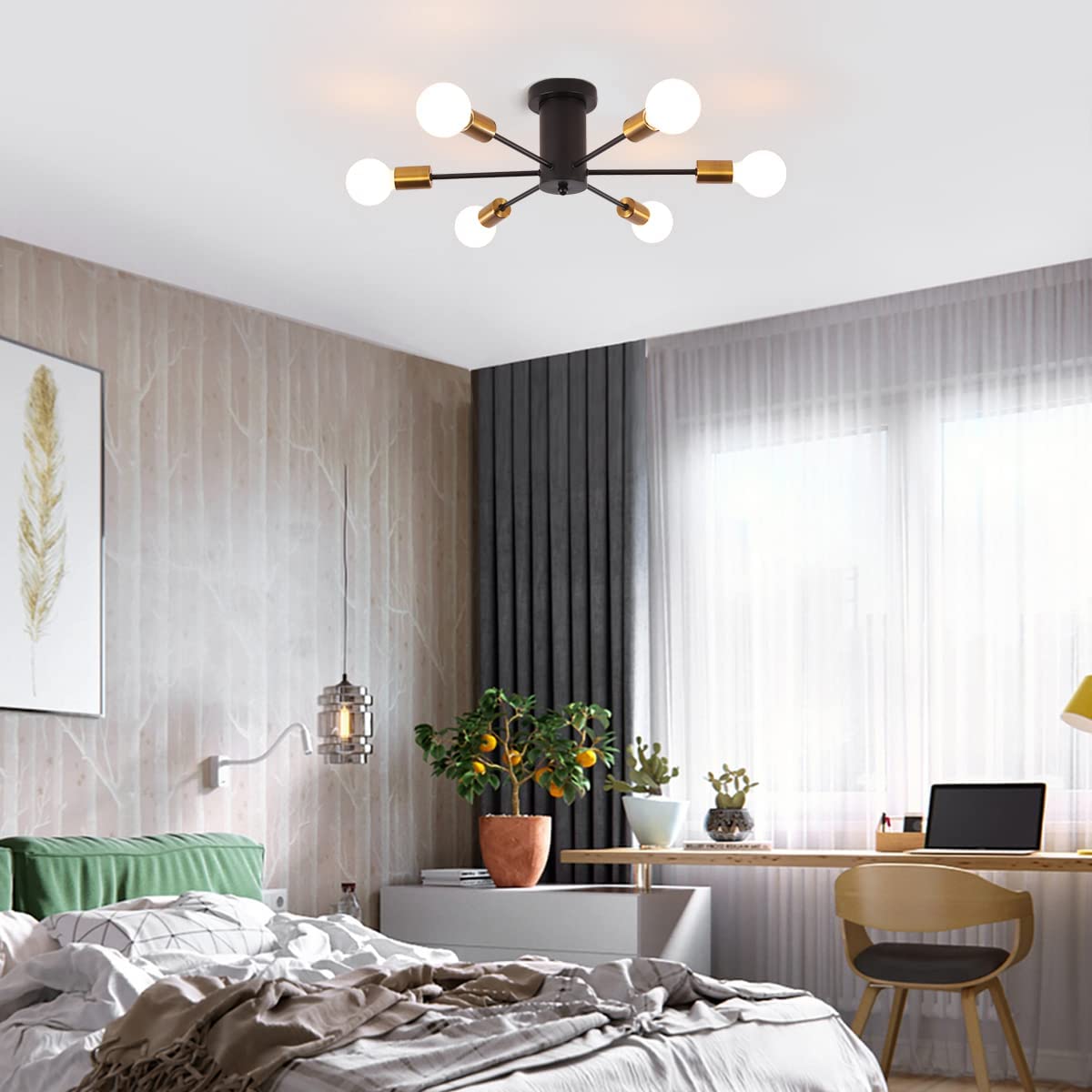 Garwarm Mid Century Sputnik Chandelier, Modern Ceiling Light Fixture Industrial Semi Flush Mount Pendant Lighting for Kitchen Dining Room Bedroom Living Room Foyer (6-Lights, E26 Base)