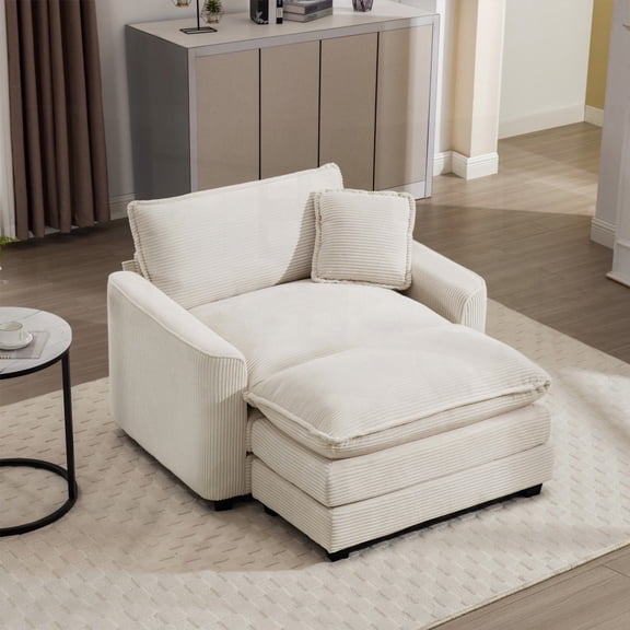 Single Chair and Footstool Set, Light Beige Corduroy, Sophisticated Fabric Comfort