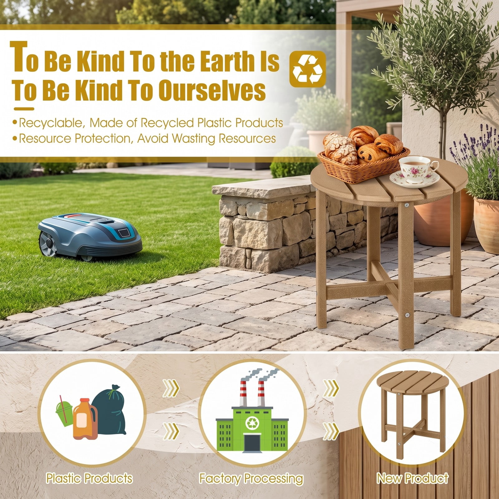 Furnibear Set of 2 18 Inch Round Weather Resistant HDPE Adirondack Side Tables for the Patio Porch Deck and Garden, Brown