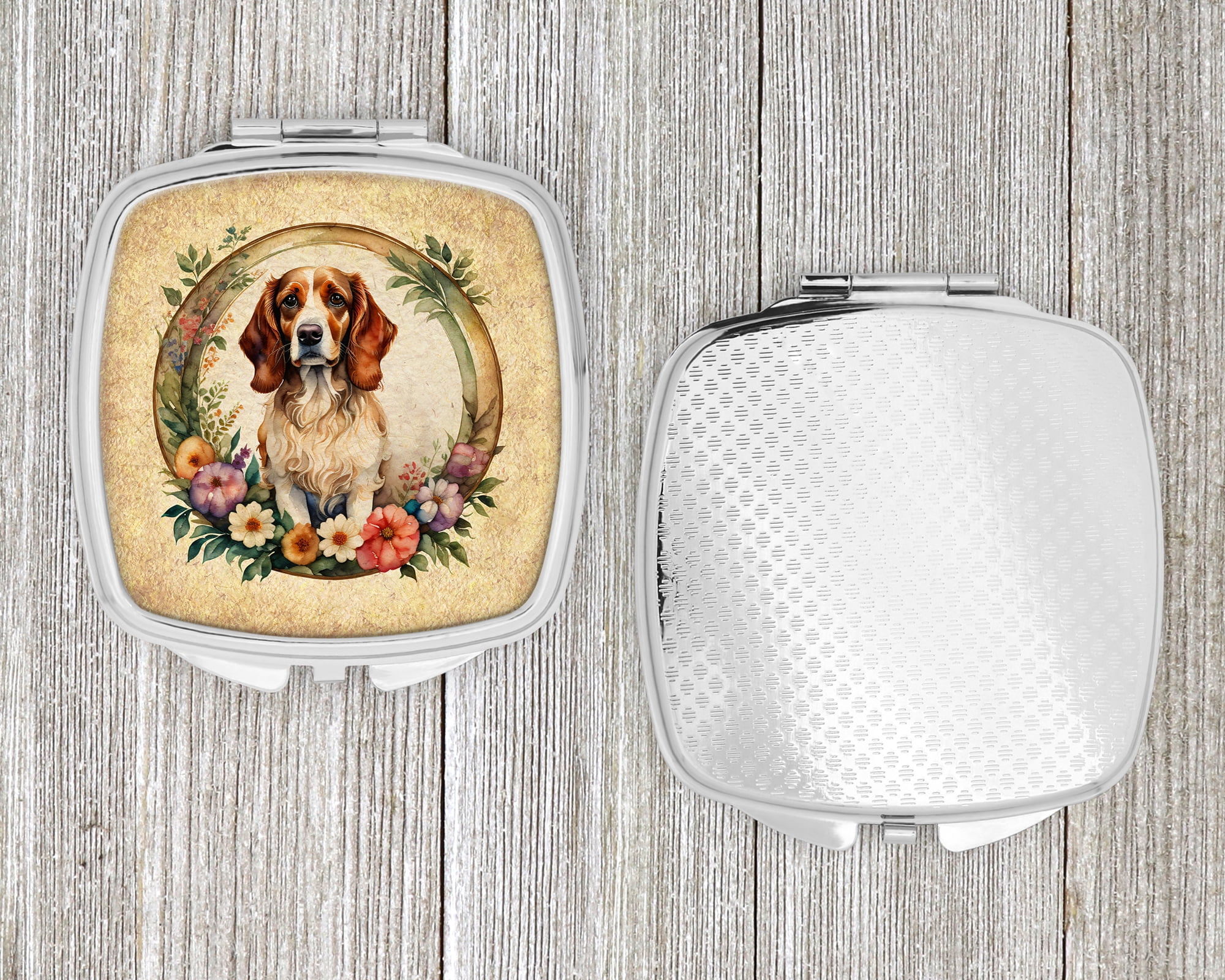Brittany Spaniel and Flowers Compact Mirror 2.75 in x 3 in