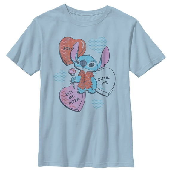 Boy's Lilo & Stitch Valentine's Day Candy Hearts Graphic Tee Light Blue Medium