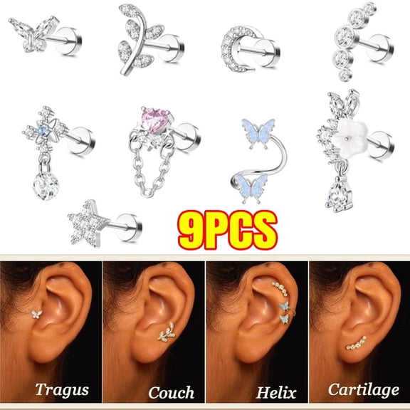 9PCS 16G Cartilage Earrings for Women Stainless Steel Flat Back Cartilage Stud Earrings  Leaf Butterfly CZ Studs Flat Back Cartilage Earrings