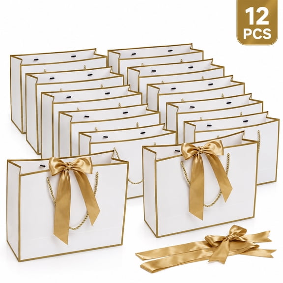 Gift Bags with Handles Bow Ribbon Thank You Bags for Wedding,Birthday,Bridesmaid,Groomsmen,Christmas,Party Favors 12.5 x 9.8 x 4.3 In 12 Pcs White Gold
