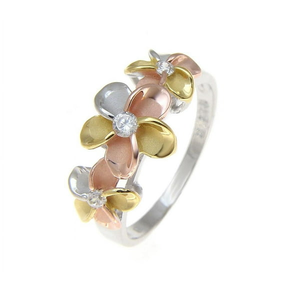 925 sterling silver Hawaiian yellow pink rose gold rhodium tricolor plated 3 plumeria flower cz ring size 4.5
