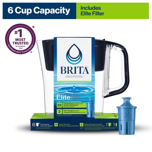 Brita Small 6 Cup Denali Water Filter Pitcher with 1 Brita Elite Filter, Made Without BPA, Black