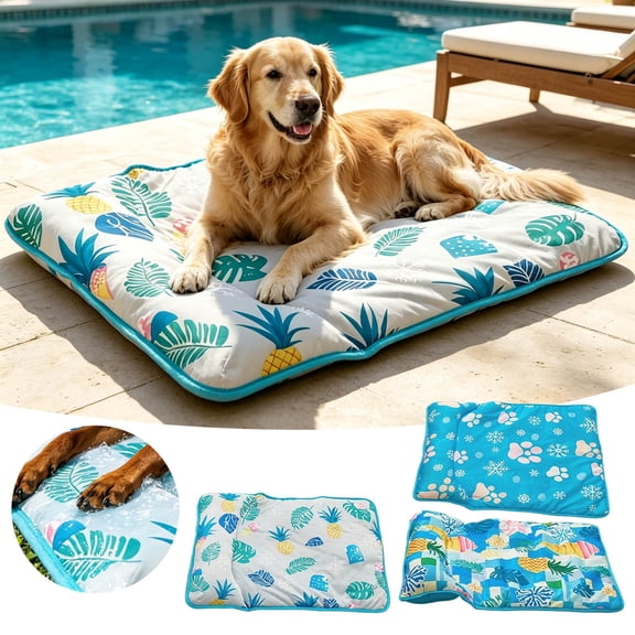 Pet Cooling Mat With Pillow – Gel Ice Pad For Cats & Dogs, Self-Cooling Comfort Bed, Non-Toxic, Washable & Foldable, Indoor/Outdoor, Large 19.69X25.59"