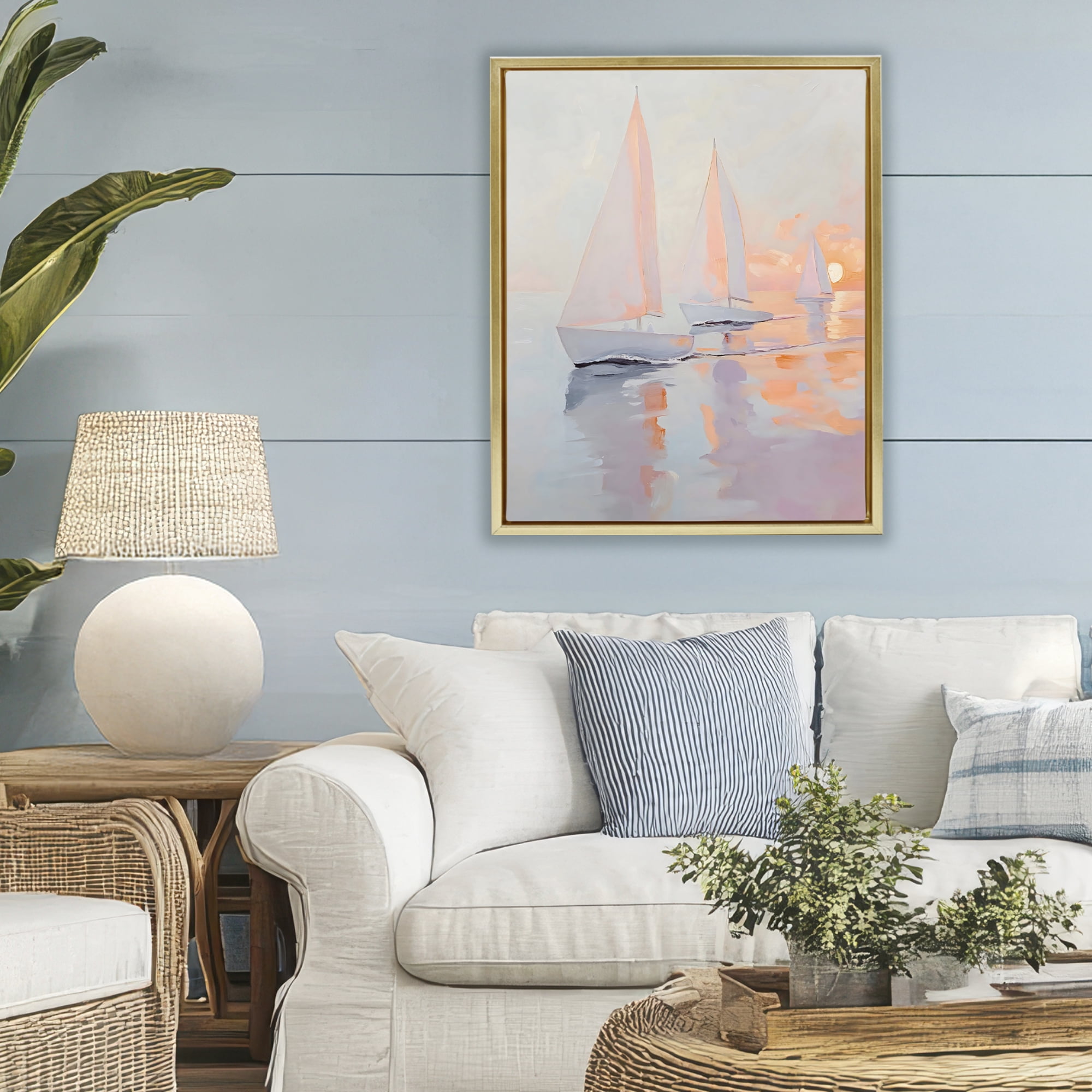 Stupell Industries Peach Sunset Sailboats on Sea Gold Framed Floater Canvas Wall Art, design by Creative Studio