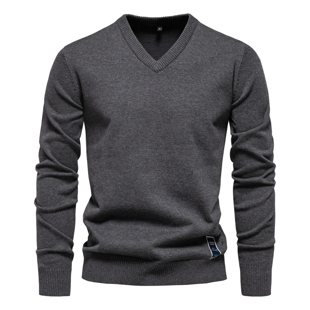 2025 Cotton Sweater Pullover Men's Vneck Solid Color Long Sleeve Men