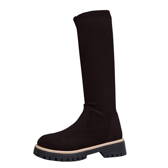 Bottes Noires pour Femmes Hauteur Genou Couleur Unie Bout Rond Élastiques Extensibles Coupe Ajustée Talon Moyen Style pour Tenue Décontractée d'Hiver et Sorties Taille 42