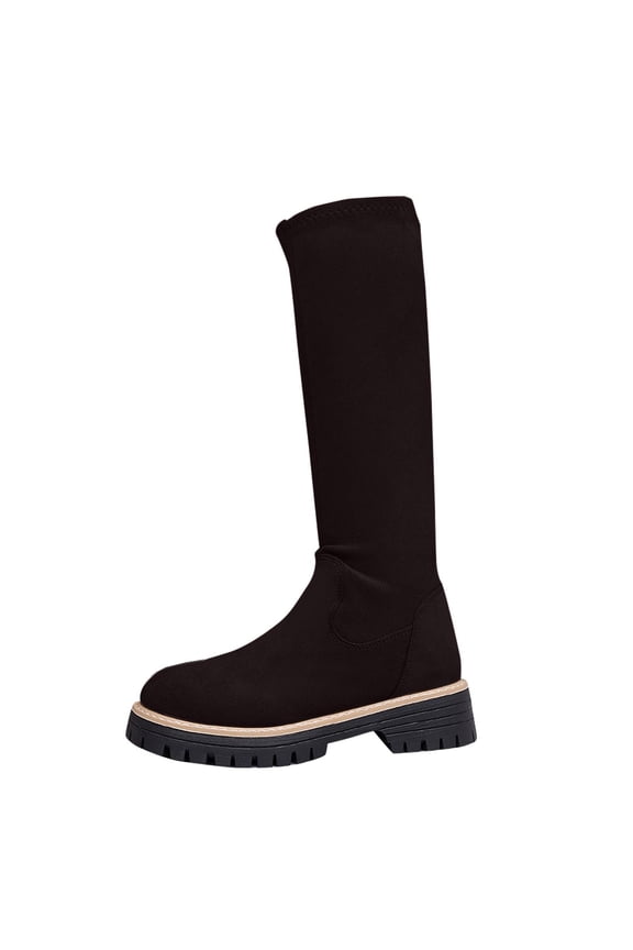 Knee High Boots Women, Stretch Mid Calf Round Toe Chunky Heel, Chunky Low Heel Round Toe Boots Casual Fall Black Boots