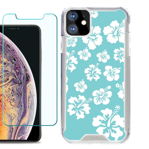 For Apple iPhone 11 Case, Hybrid Bumper Phone Case, with Tempered Glass Screen Protector, by OneToughShield ® - Hibiscus Teal