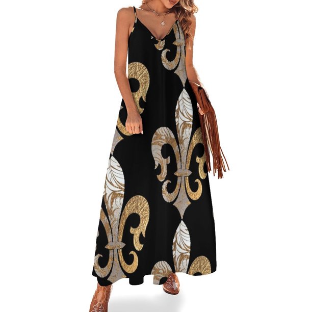 Vestido de noche elegante sin mangas con diseño de damasco en plata y oro de imitación de flor de lis para mujer