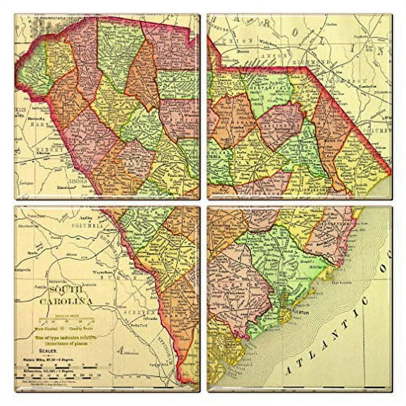 South Carolina Coaster of Vintage Map (Set of 4)