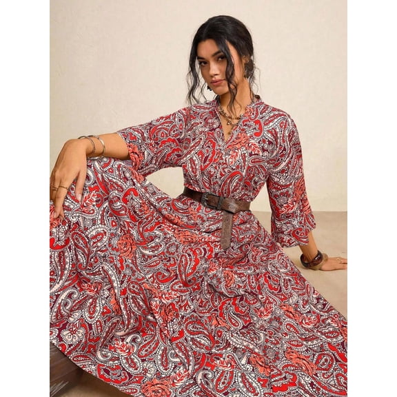 Coral Orange Paisley Print V-Neck Long Sleeve Maxi Dress With Belted Waist And Relaxed Fit For Women