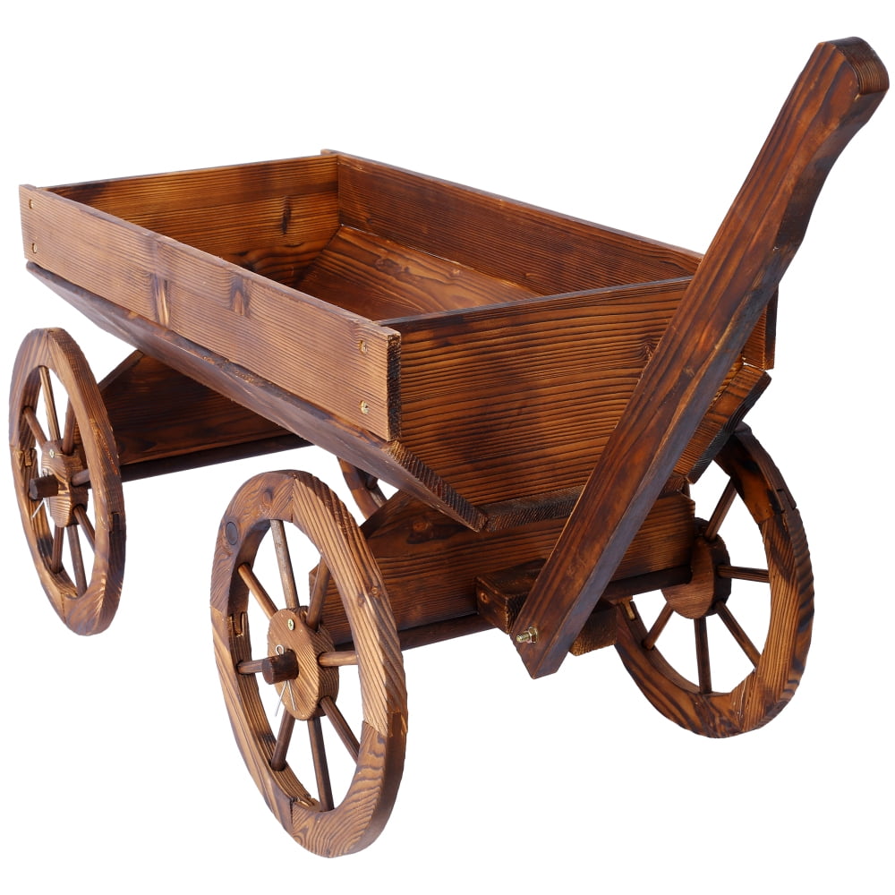 Rustic Wood Wagon Planter with Wheels - Mobile Flower Pot Stand for Garden, Patio & Outdoor Decor, Easy-Rolling Plant Cart