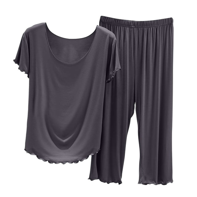 Timegard Pjs Sets for Women Summer Round Neck Short Sleeve Tee Capri Pants Solid Color Pajamas Outfits