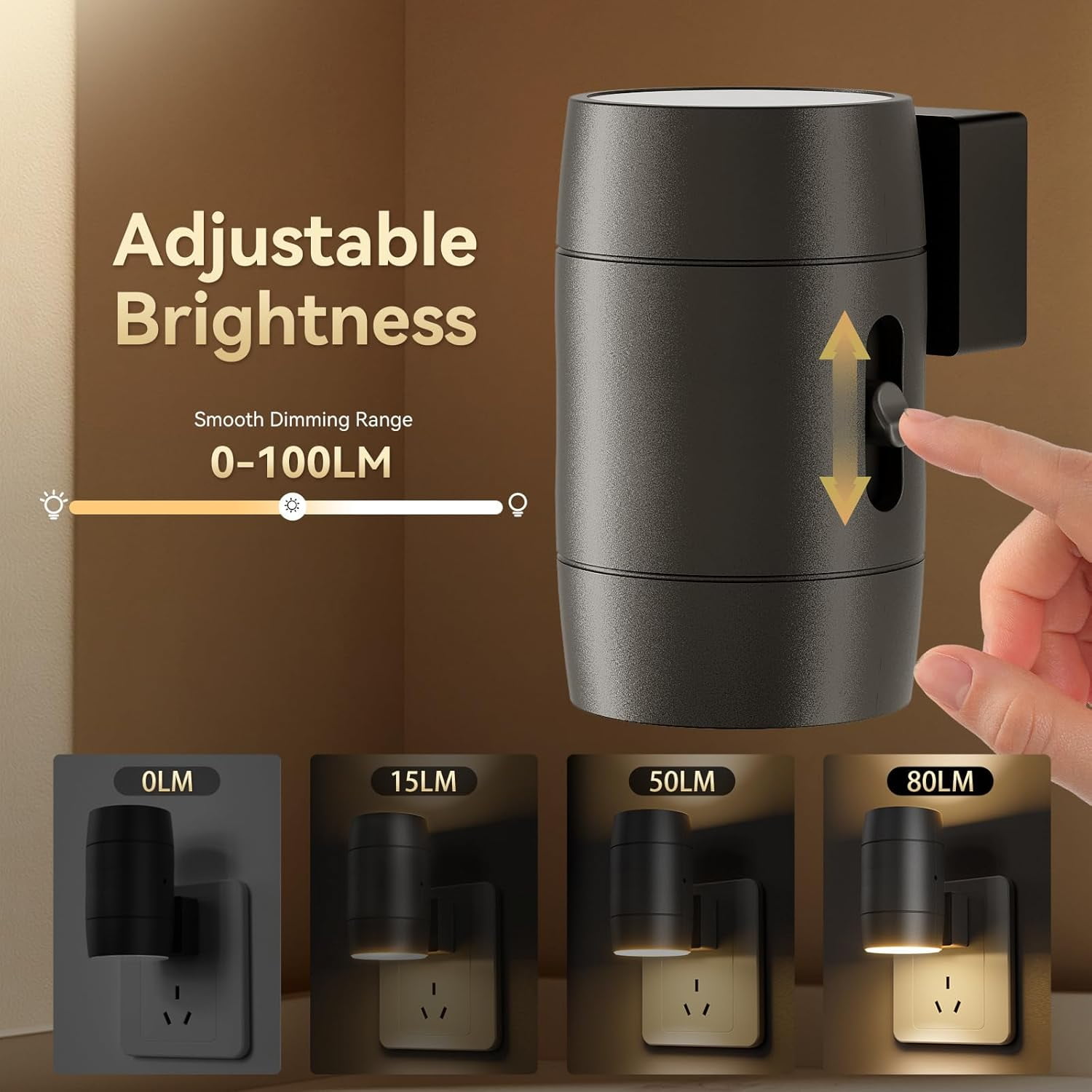 Night Lights Plug into Wall, Dimmable LED Nightlight, Rotatable 270 Wall Lights 0-100LM Adjustable Brightness, 3 Color Temperatures, Compact Size Black 2 Pack for Hallway,Bedroom, Bathroom