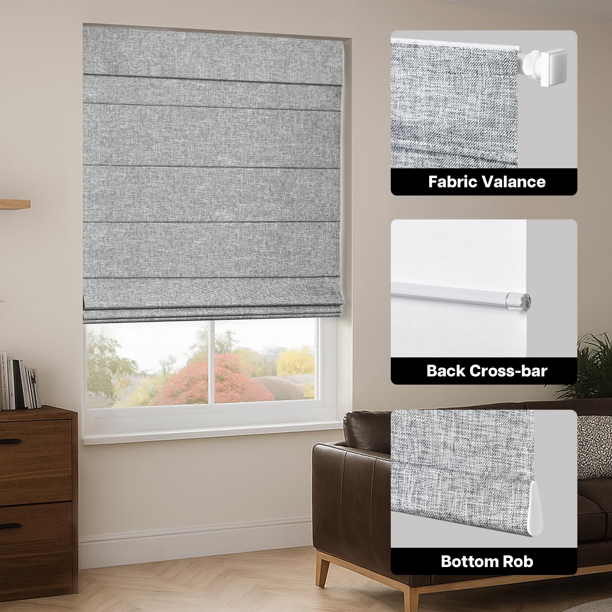 LazBlinds No Tools No Drill Cordless Roman Shades for Windows, Blackout Thermal Insulated UV Blocking Window Blinds, Lightweight Fabric Blinds for Indoor Windows, 24" W x 60" H, Blackout - Grey
