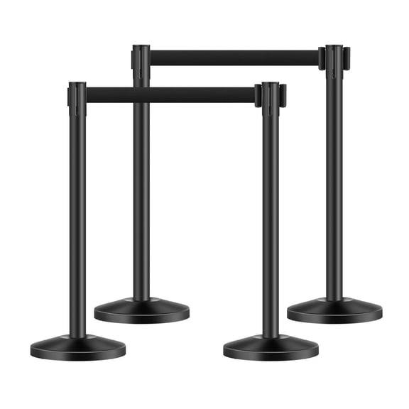 Stanchion Posts 4-Pack, Retractable Belt Crowd Control Barriers - Black Carbon Steel Queue Management for Events, Theaters, Weddings, Exhibitions