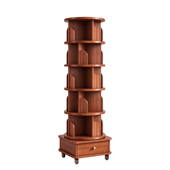 (UPGRADED) Rotating Bookshelf, 360 Display Corner Bookshelf for Small Space, 6 Tier Bookcase Storage Rack with Wheels, Wood Narrow Organizer for Bedroom, Living Room, Study Room, Walnut Brown