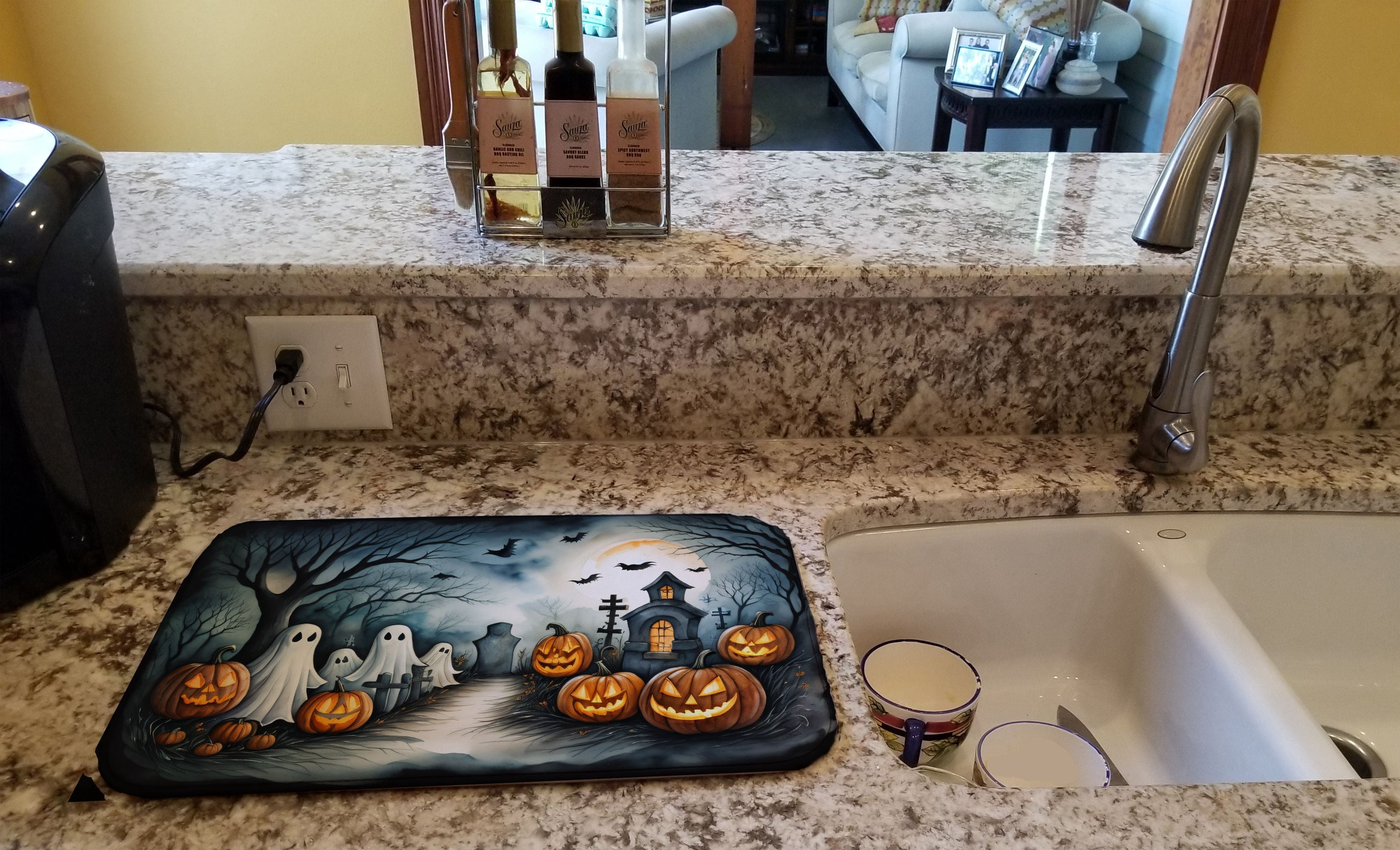 Halloween Dish Drying Mat 14x22 Inch with Water-Absorbent Polyester for Kitchen Counter