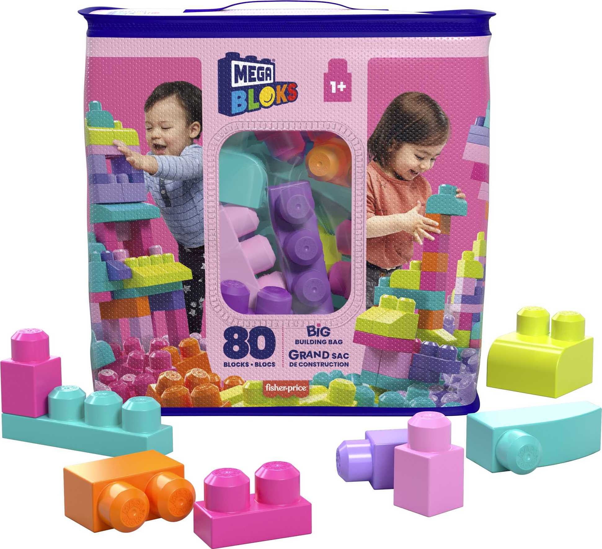 MEGA BLOKS Fisher-Price Toy Blocks Pink Big Building Bag with Storage (80 Pieces) for Toddler