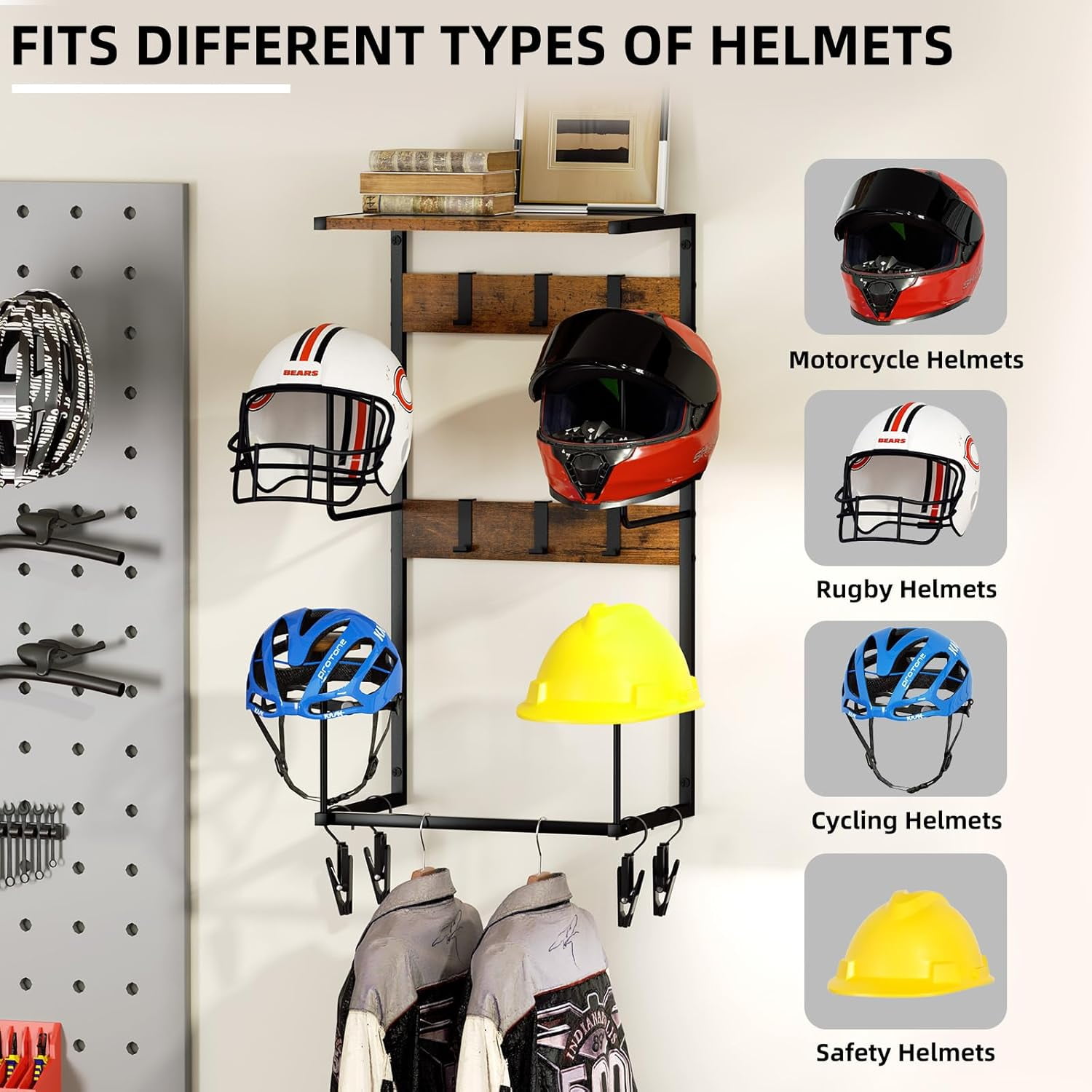 Urban Deco Motorcycle Helmet Holder Wall Mount, Helmet Rack with 4 Hat Stands, Multi-function Helmet Hanger for Motorcycle Accessories