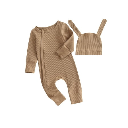 

Bagilaanoe Newborn Baby Girl Boys Jumpsuit Long Sleeve Bodysuit + Hat 3M 6M 12M 18M Infant Zip Up Ribbed One Piece Romper