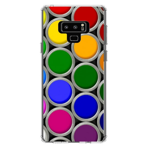 DistinctInk Clear Shockproof Hybrid Case for Samsung Galaxy Note 9 - TPU Bumper, Acrylic Back, Tempered Glass Screen Protector - Rainbow Paint Cans - Rainbow Art Supplies