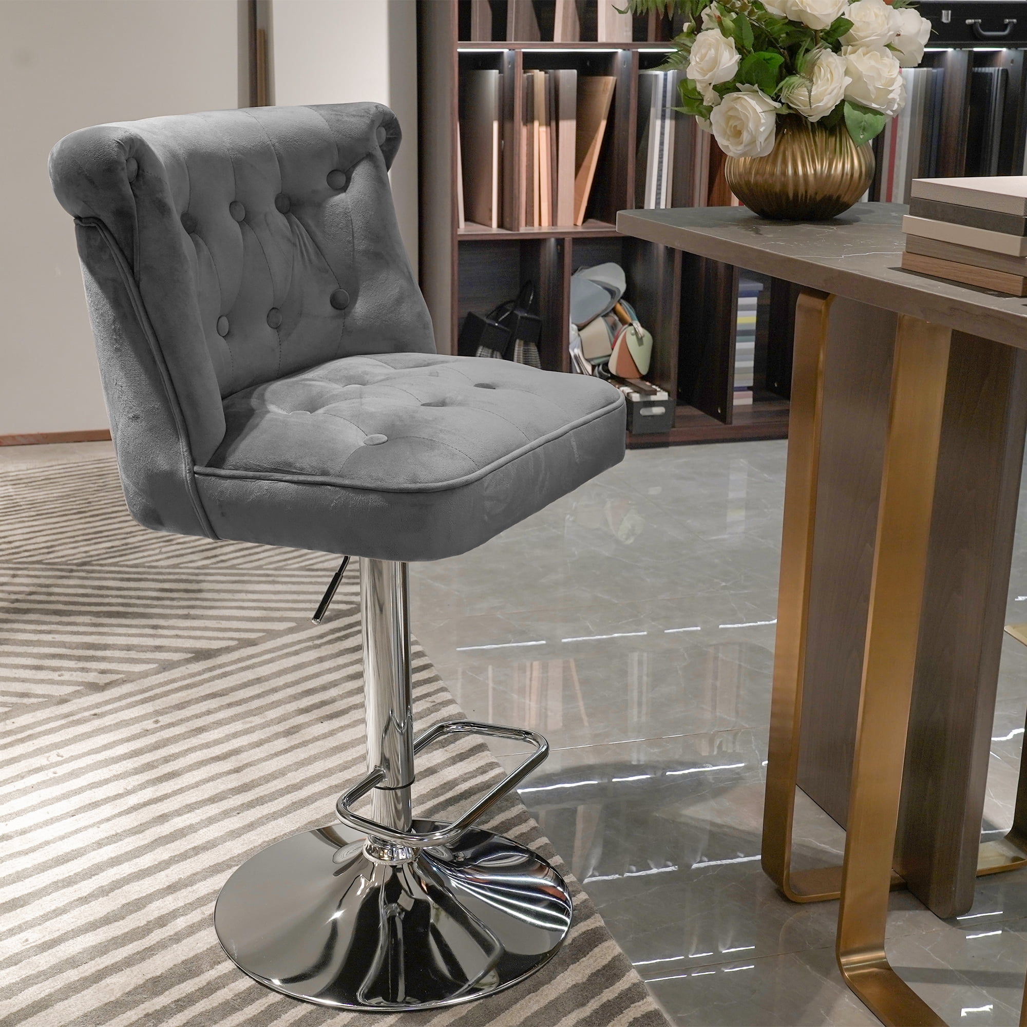 Set of 2 Indoor Bar Stool Adjustable Height Tufted Velvet Upholstered ...