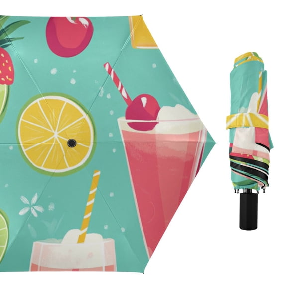 Summer Cocktails Fruits Tropical All Weather Umbrella Triple Folding Parasol 6 Ribs UV Protection Portable