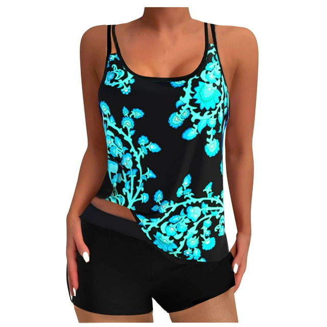 RKSTN Maillot de Bain pour Femmes Conservateur Ample Grande Taille Tankini Maillot de Bain pour Femmes Col Rond Sans Manches Hauts de Tankini avec Short Garçon Ensemble Deux Pièces, P-5TG