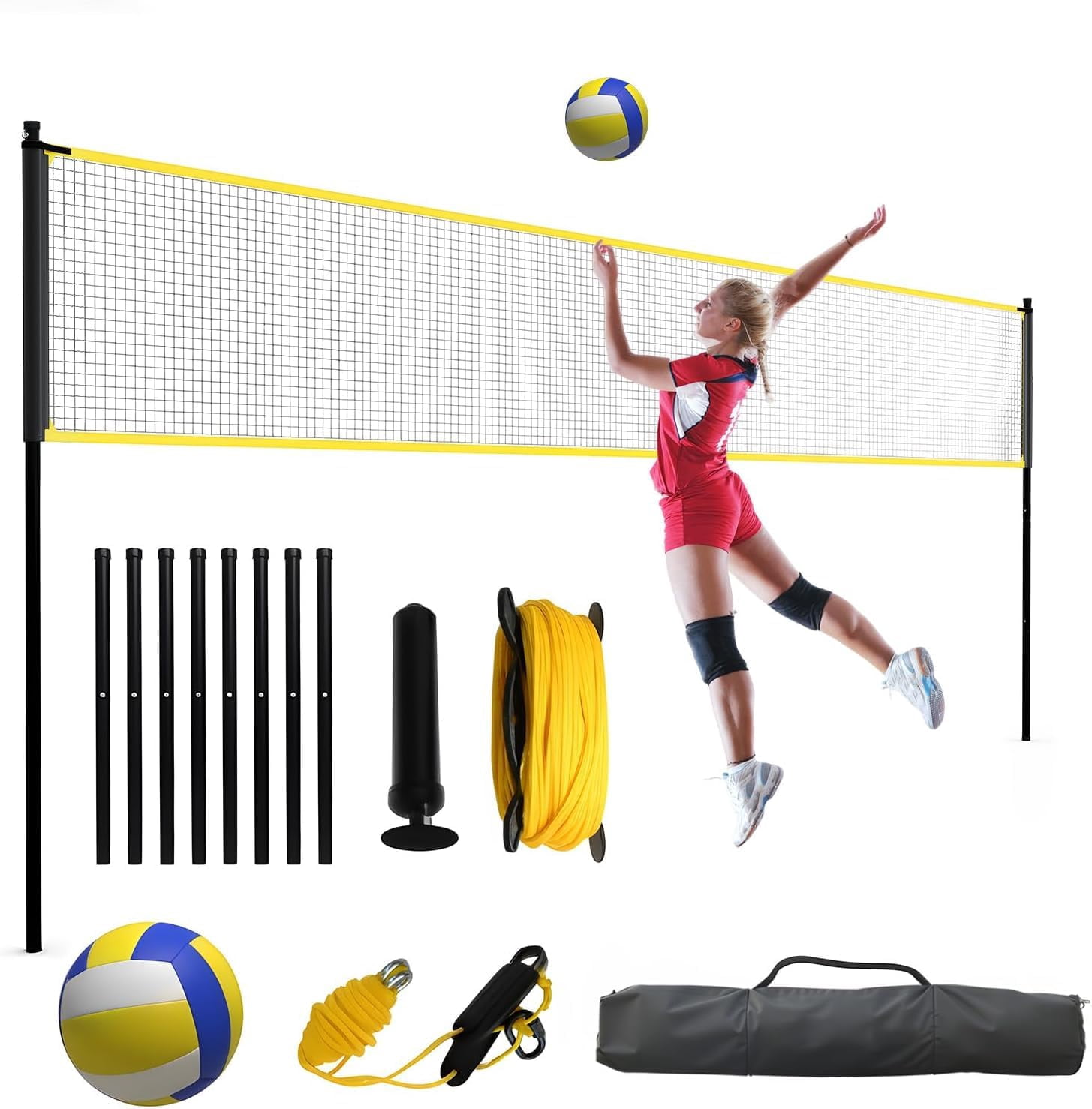 Historyli Portable Volleyball Net Set with Adjustable Height, Sturdy Outdoor Freestanding Net, Ball & Pump, Black/Yellow