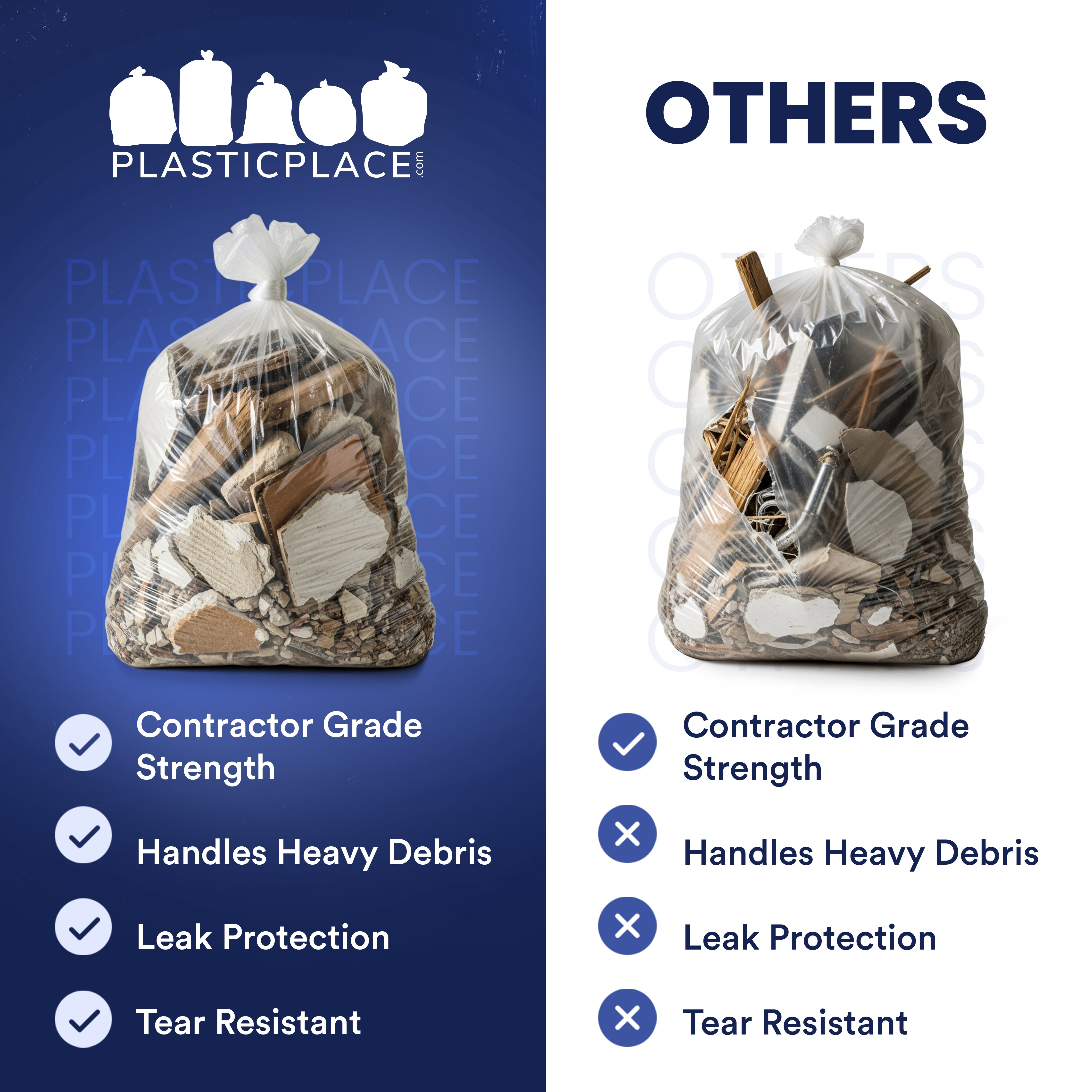 Plasticplace Contractor Trash Bags 55-60 Gallon, Heavy Duty Garbage Bags, 3.0 Mil Clear Trash Bags, Tear-Resistant Large Trash Can Liners for Construction, Recycling & Home Improvement (50 Count)