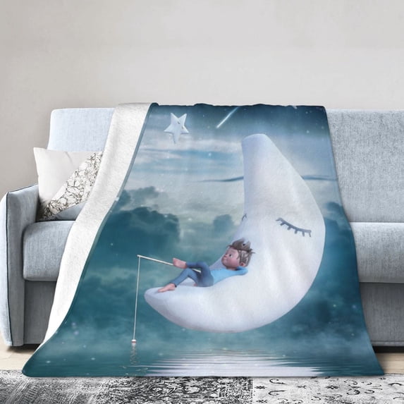 DouZhe Ultra-Soft Micro Fleece Lightweight Flannel Bed Blanket, Moon Star Fishing Boy Print Cozy Warm Throw Blankets, 80"x60"
