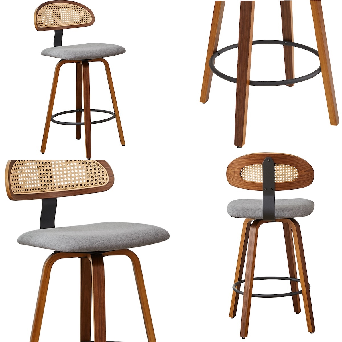 360° Swivel Rattan Bar Stools Set of 1, Counter Height Modern Kitchen Island Stools With Footrest, Uphostered Cushion, Comfortable Durable, Dark Grey